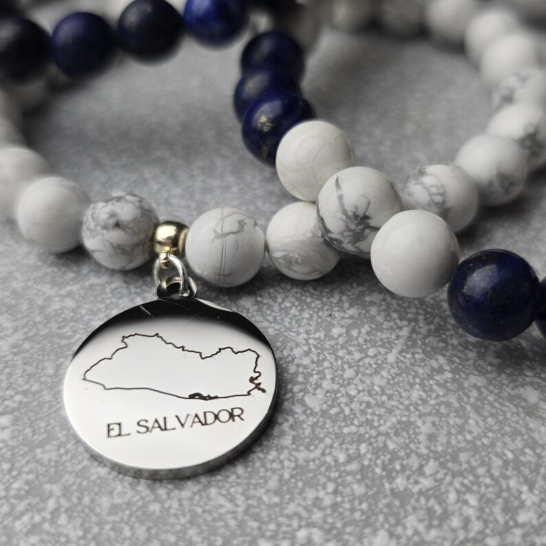 El Salvador Pride Bracelet | Customizable Country Beaded Bracelet With Engraving Option, Personalized Gift For Friend