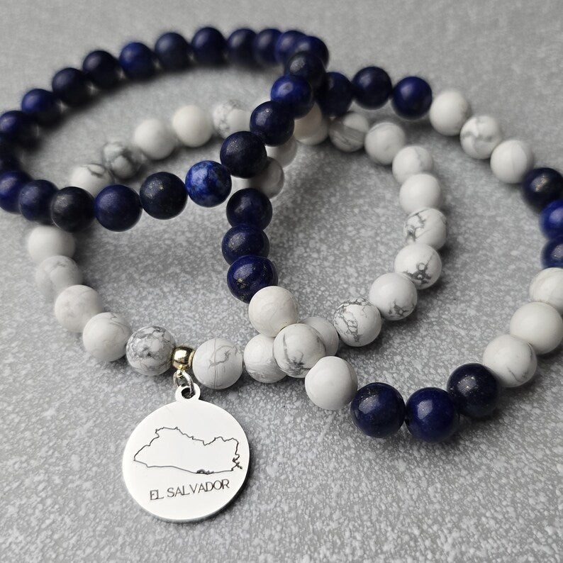 El Salvador Pride Bracelet | Customizable Country Beaded Bracelet With Engraving Option, Personalized Gift For Friend