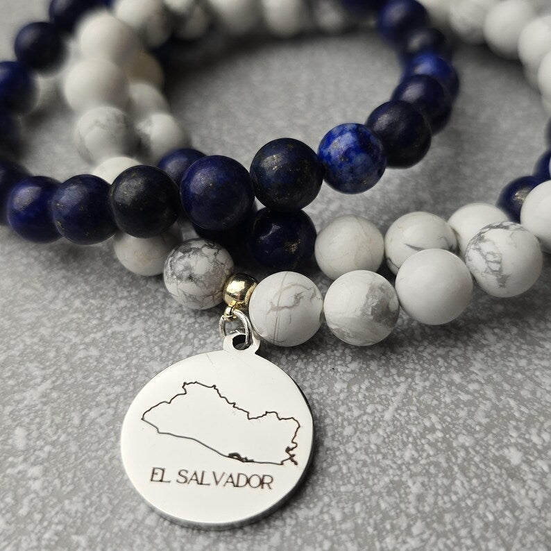 El Salvador Pride Bracelet | Customizable Country Beaded Bracelet With Engraving Option, Personalized Gift For Friend